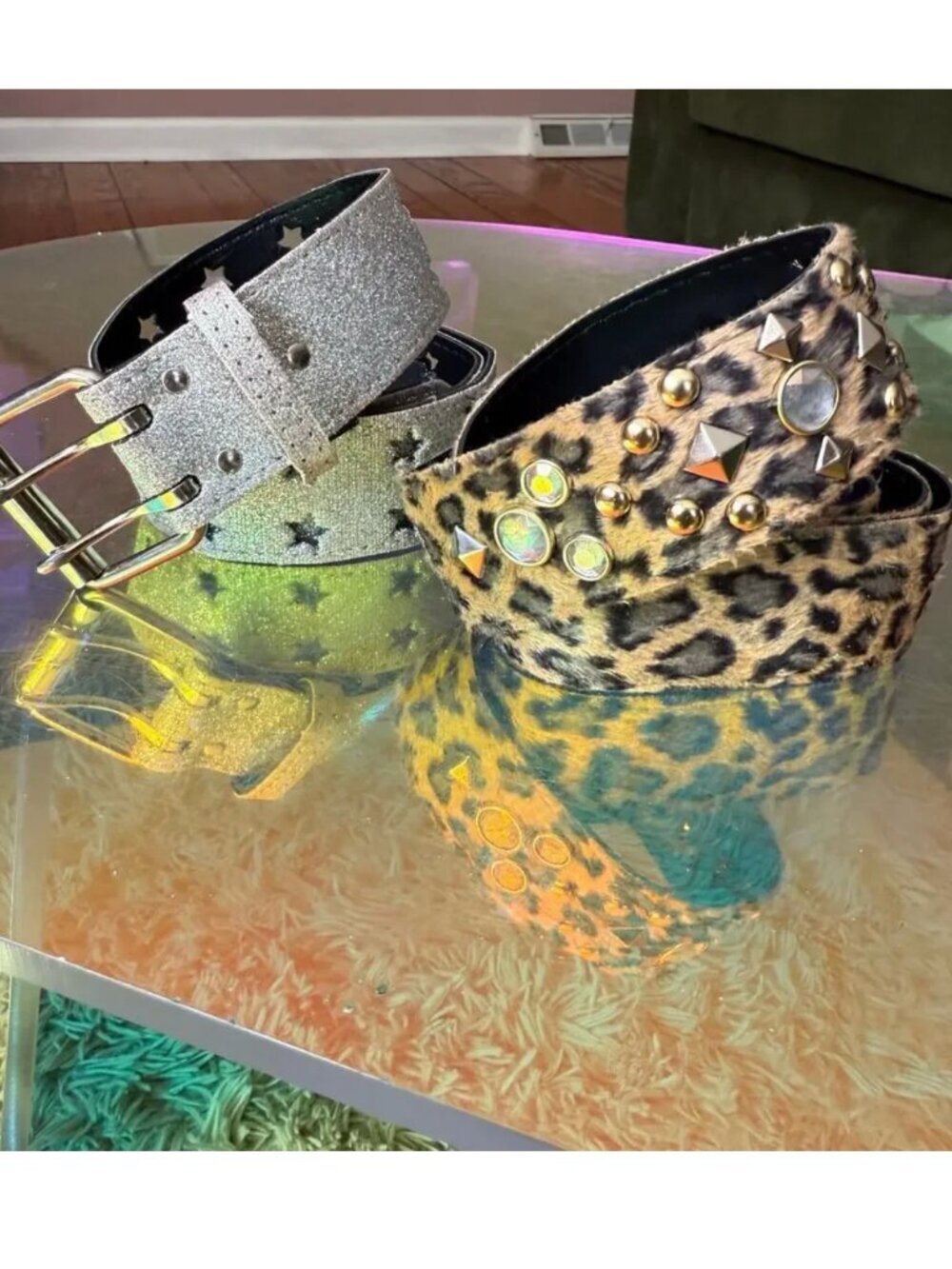 Y2K embellished glitter + leopard print studded belt bundle Medium